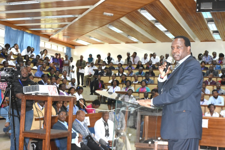 College of Health Sciences Principal Prof. James Machoki delivers his address during the official opening of the symposium.