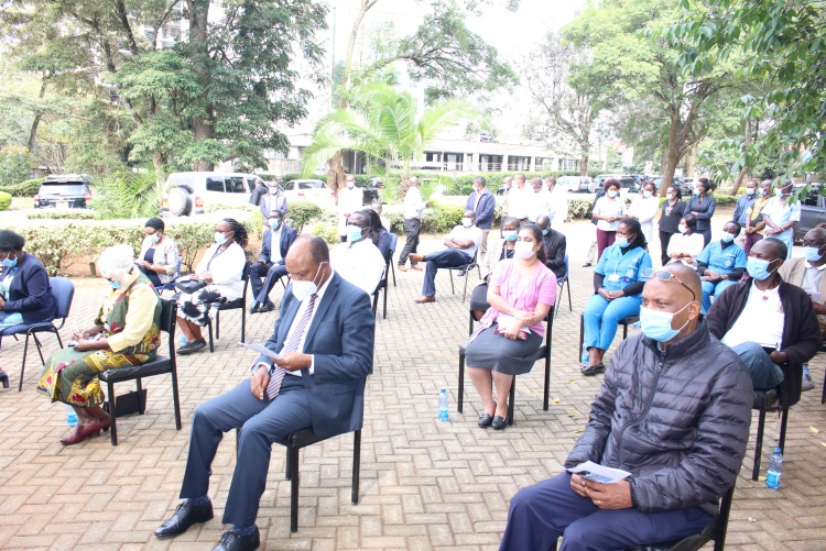 CHS staff follow proceedings during the handover of donation of COVID-19 pandemic containment items.