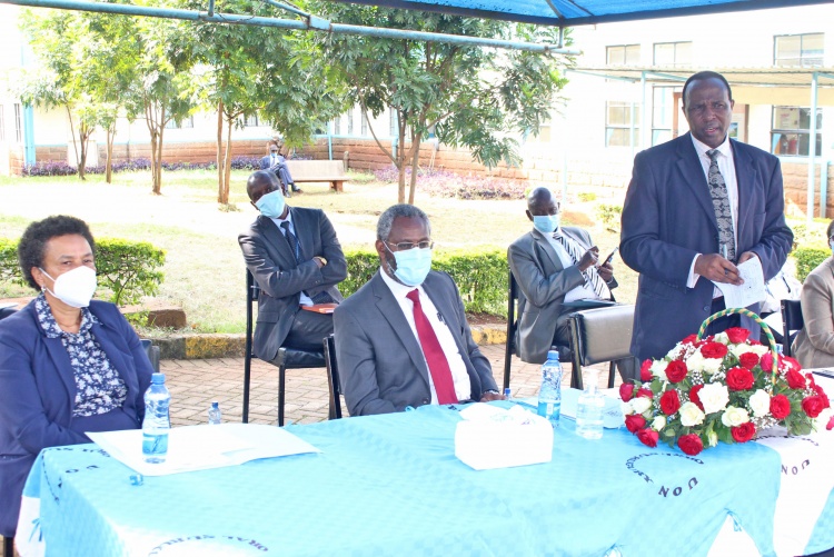 CHS Principal Prof. James Machoki delivers his address during the handover of PPE donation.