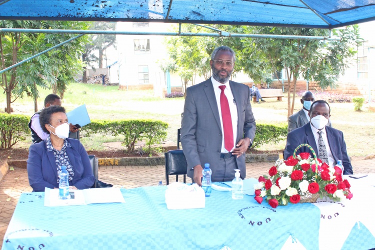 UoN Vice Chancellor, Prof. Stephen Kiama makes his remarks during the PPE handover ceremony.