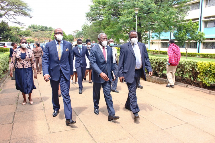 Equity Group team led by Dr James Mwangi and Polycarp Igathe welcomed to CHS by Prof. James Machoki.
