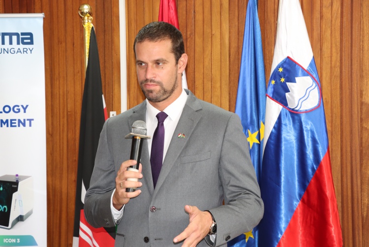 Hungarian ambassador to Kenya His Excellency Dr. Zsolt Mészáros delivers his address during the event.