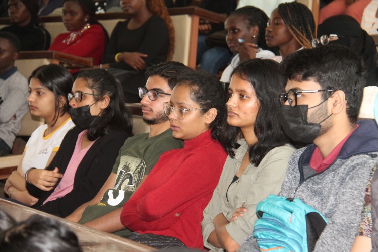 Freshmen during the Dean's address orientation