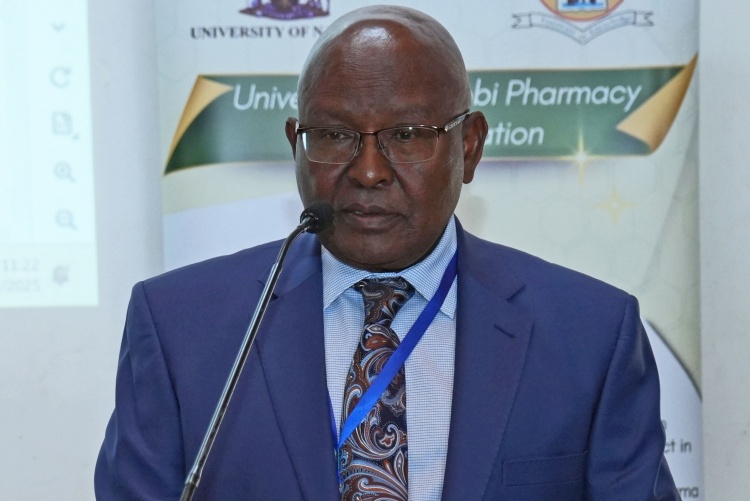 Prof. Isaac Kibwage, Vice-Chancellor of Egerton University delivers a keynote address during School of Pharmacy @50 years symposium.