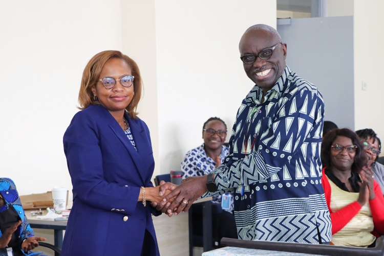 Dr. Marianne Mureithi (left), newly appointed Director of KAVI-ICR, takes over leadership from outgoing Director Prof. Walter Jaoko (right).