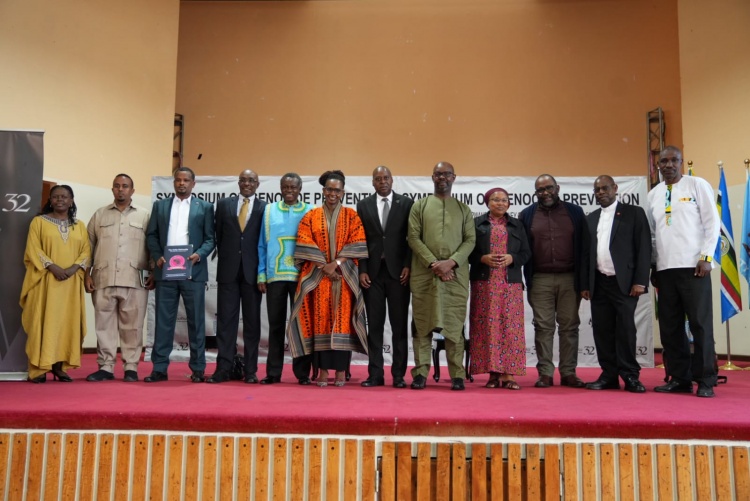 Ambassador Ernest Rwamucyo, the High Commissioner of Rwanda to Kenya flanked by Prof. PLO Lumumba, Senator Sylvia Kassanga and panel members who spoke at the Symposium on genocide at UoN on 22nd April 2026.