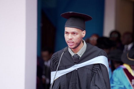 Christopher Ombewa Krehle, a Bachelor of Science in Human Anatomy graduate from the Faculty of Health Sciences, delivers a valedictory address on behalf of the Class of 2025. 