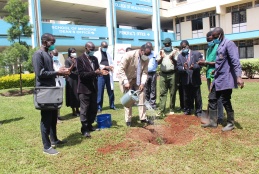 College of Health Sciences Principal Prof. James Machoki leads staff and students in tree planting drive.